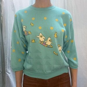 Blue Surfing Ducks and Ducklings 90s Novelty Crewneck Sweatshirt